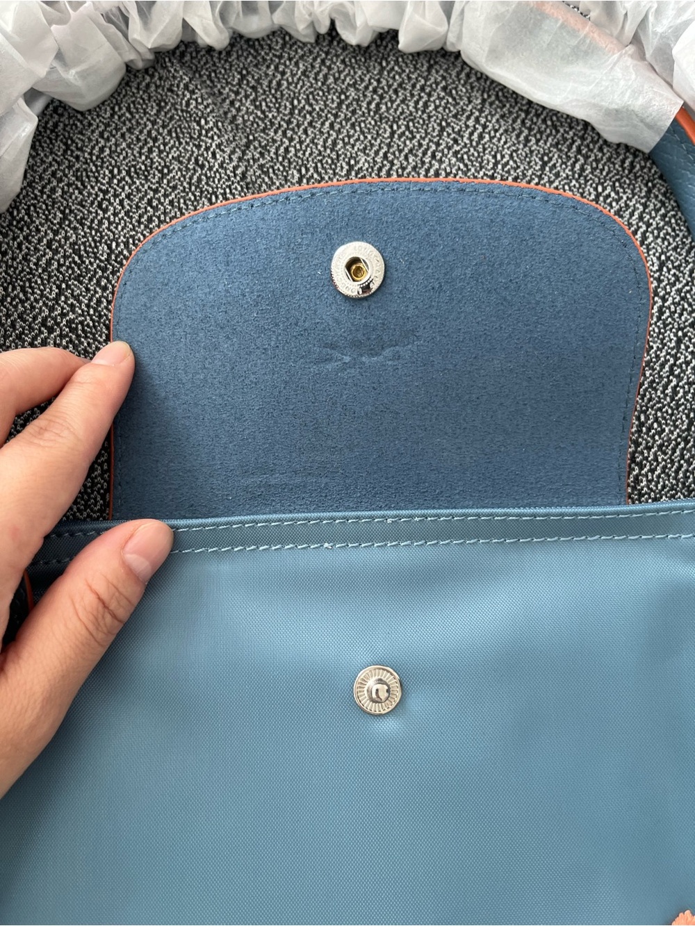 Longchamp Blue Tote with Orange Trim large - Picture 3 of 8